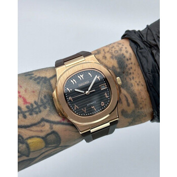 Custom Seiko Mod • Black Rose Gold Arabic Nautilus on Rubber Strap • 40mm